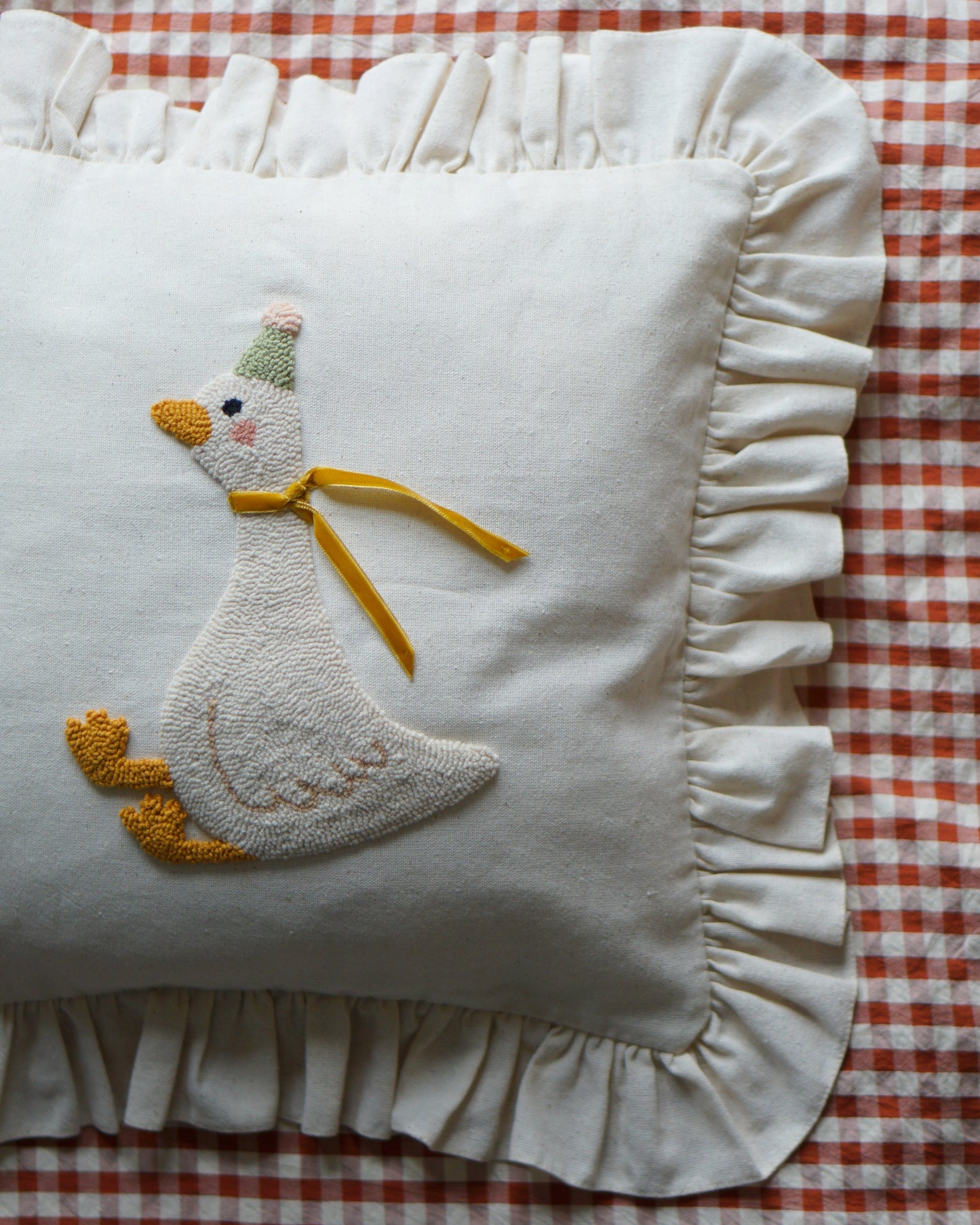 Goose Embroidered Ruffle Cushion