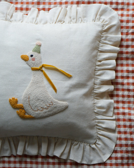 Goose Embroidered Ruffle Cushion