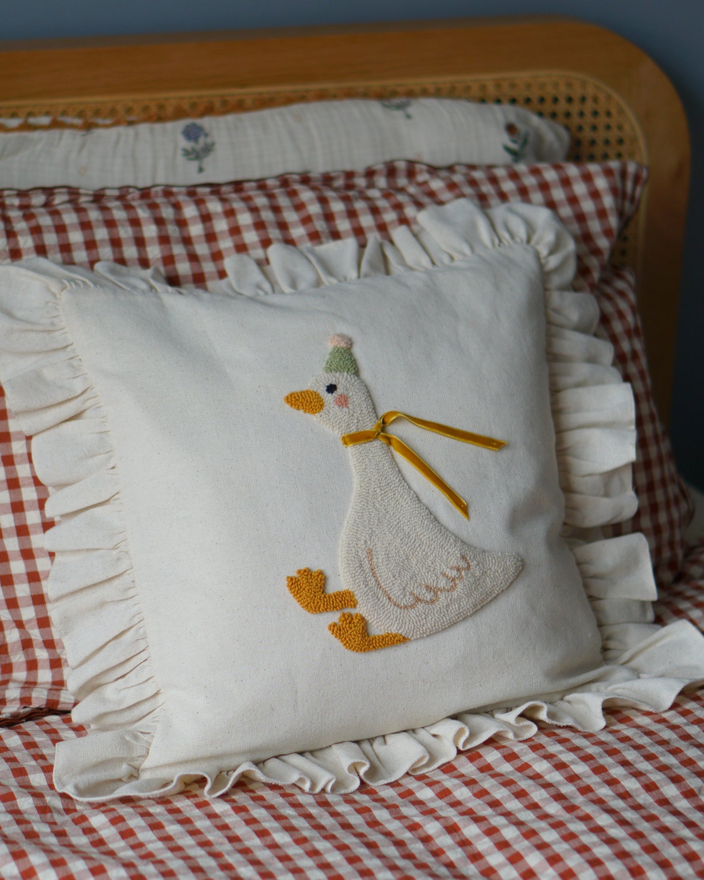 Goose Embroidered Ruffle Cushion