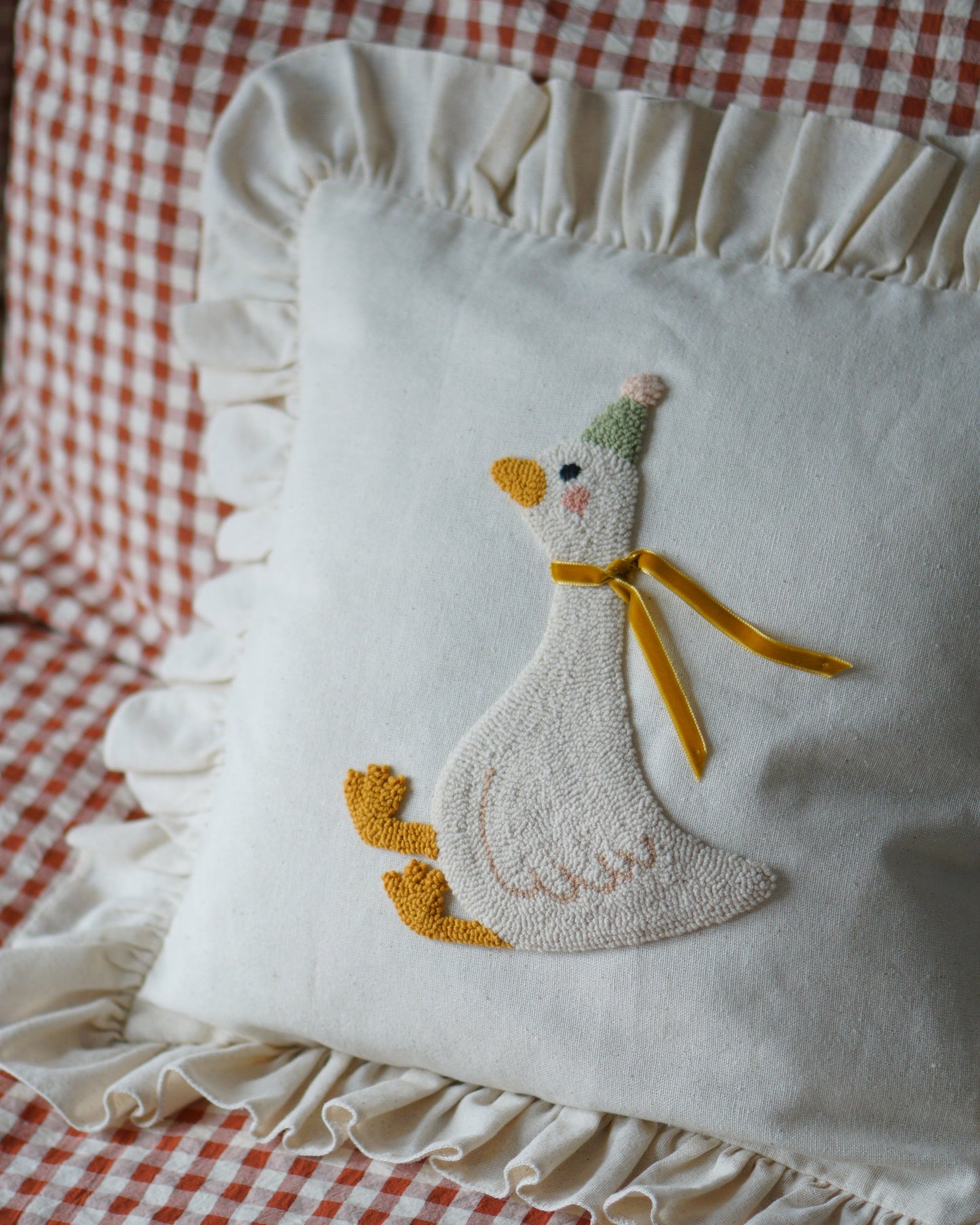 Goose Embroidered Ruffle Cushion